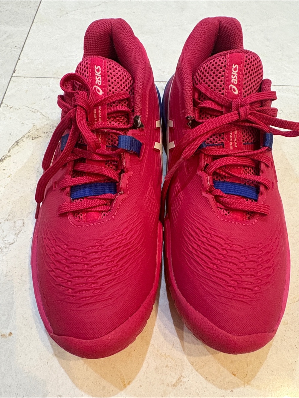 Asics Red Tennis Athletic Shoes with Blue Accents